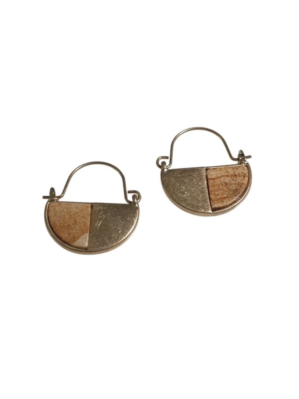 Half Moon Earrings Lightweight Metal Beige Stone Inlay Jewelry Handmade Casual